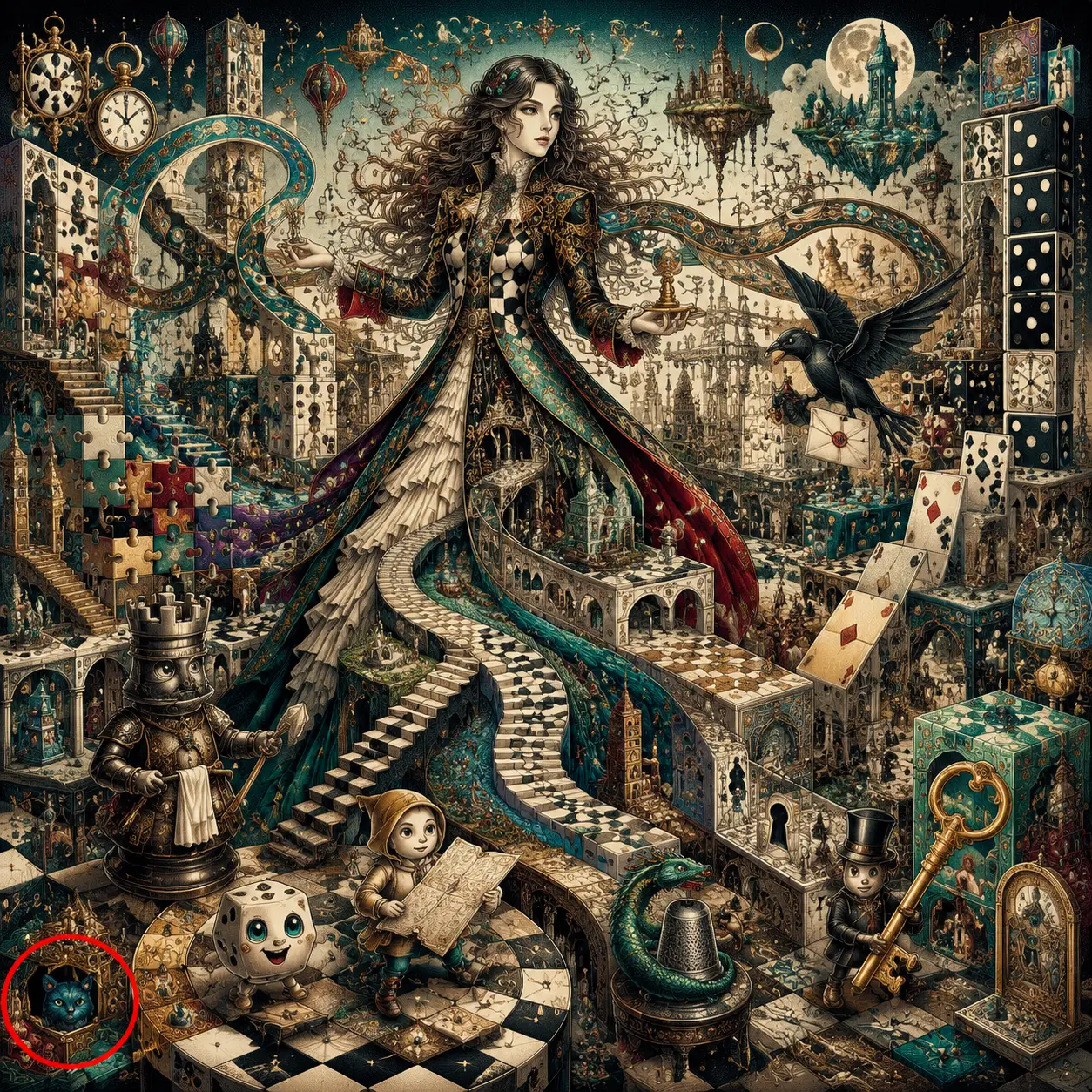 A female guardian stands amid a surreal strategy board of winding paths