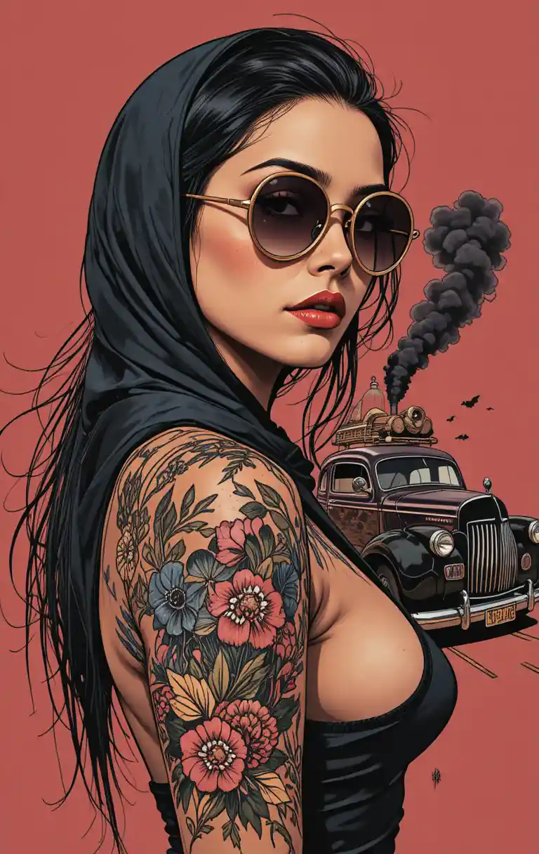 Retrato de una joven al estilo de un tatuaje, con gafas de sol redondas y una larga trenza