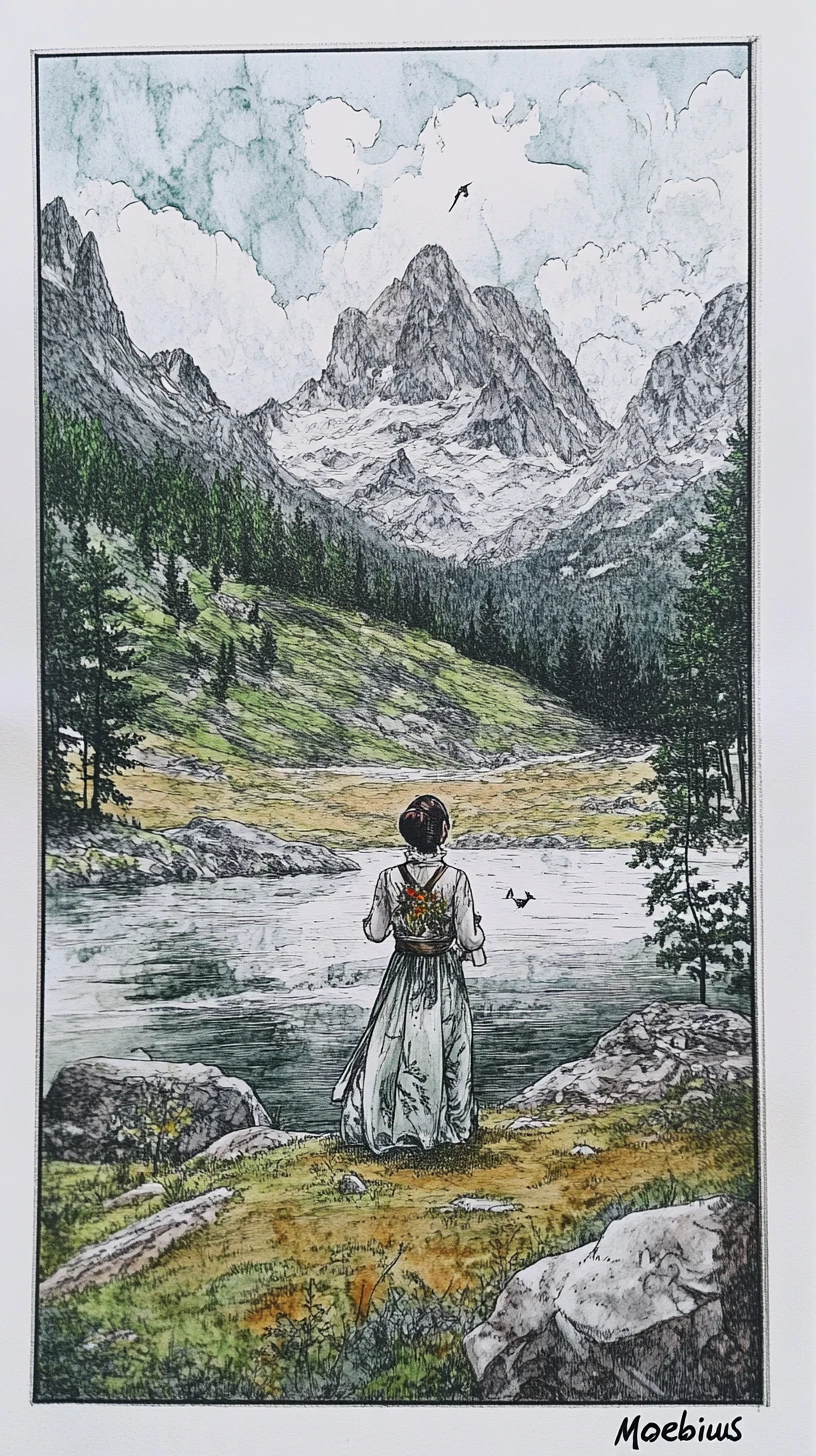 Illustration d’Helene Fischer dans les montagnes Rocheuses au crayon et à l’aquarelle