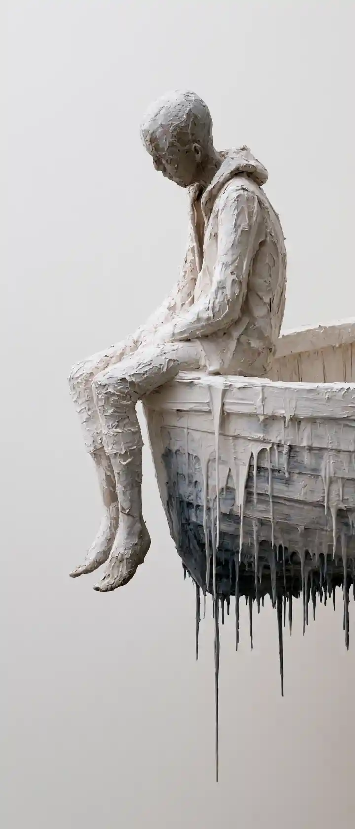 Une figurine en plâtre est assise seule dans une barque usée qui flotte