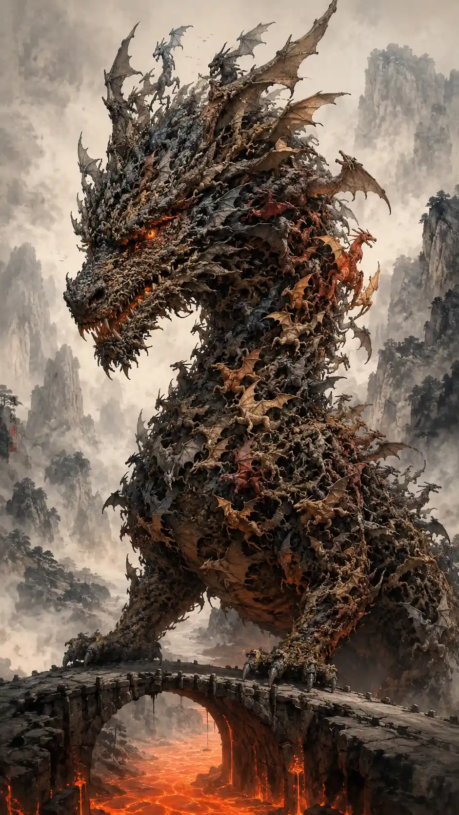 Un drago formato da draghi più piccoli si erge sopra un fiume di lava