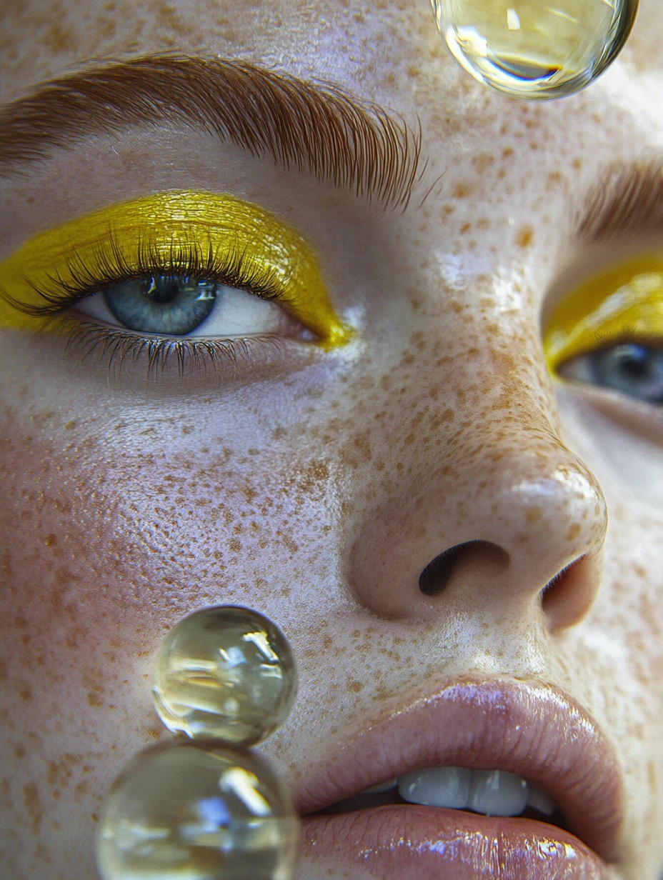 A Woman’s Freckled Face Framed by Translucent Glass Marbles