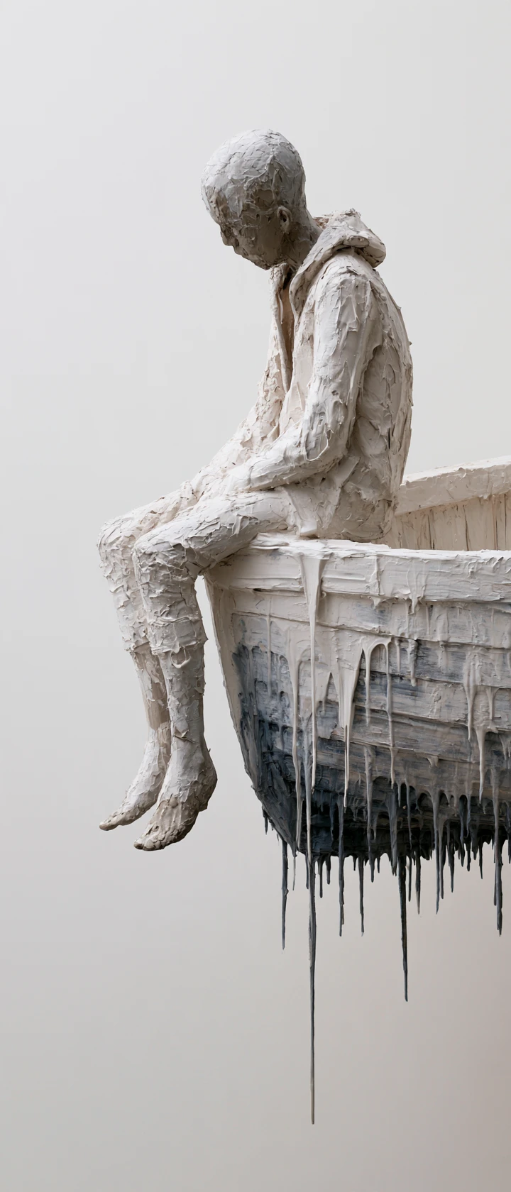 Une figurine en plâtre est assise seule dans une barque usée qui flotte