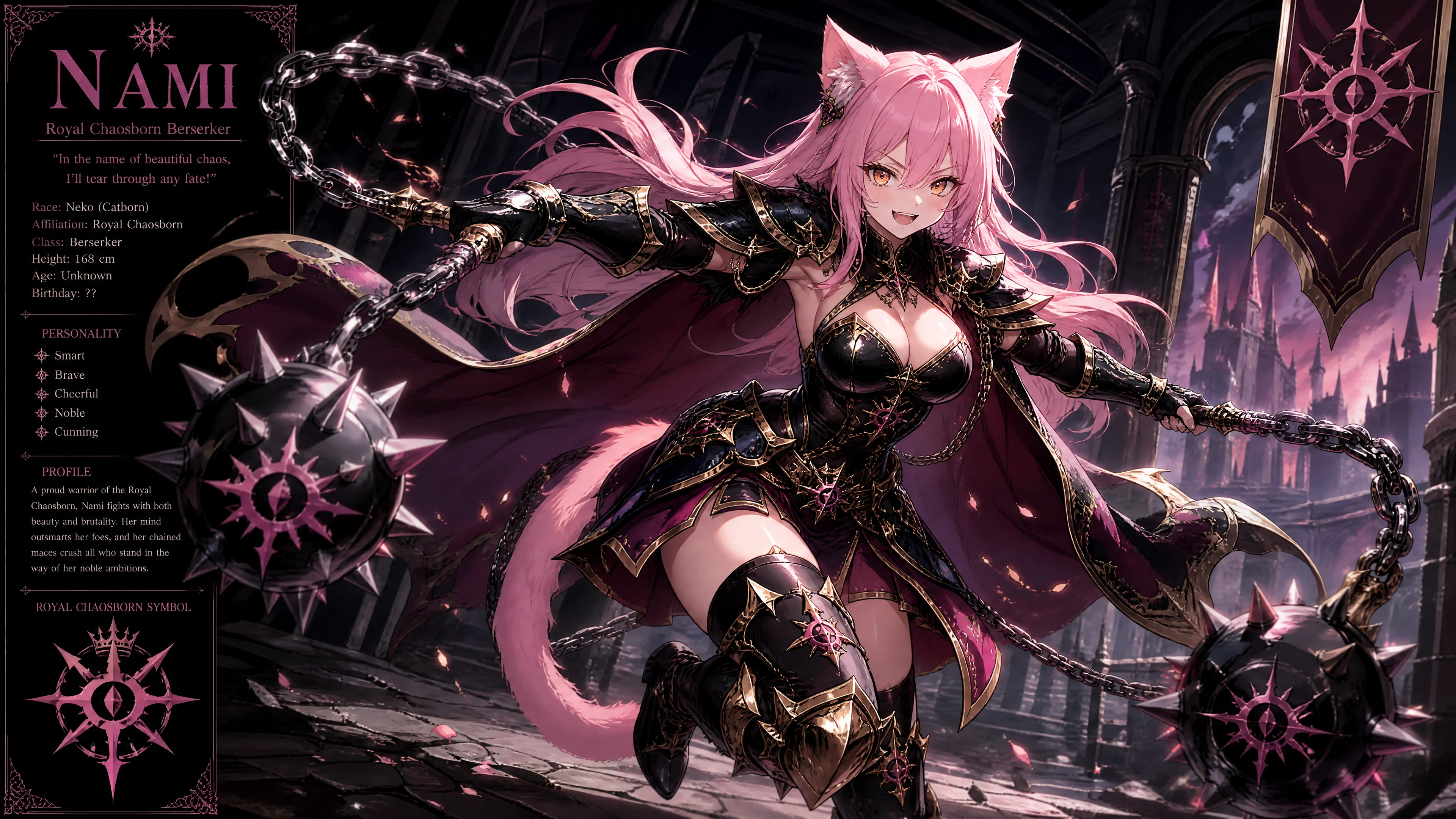 A pink-haired cat-eared warrior wielding two chained maces