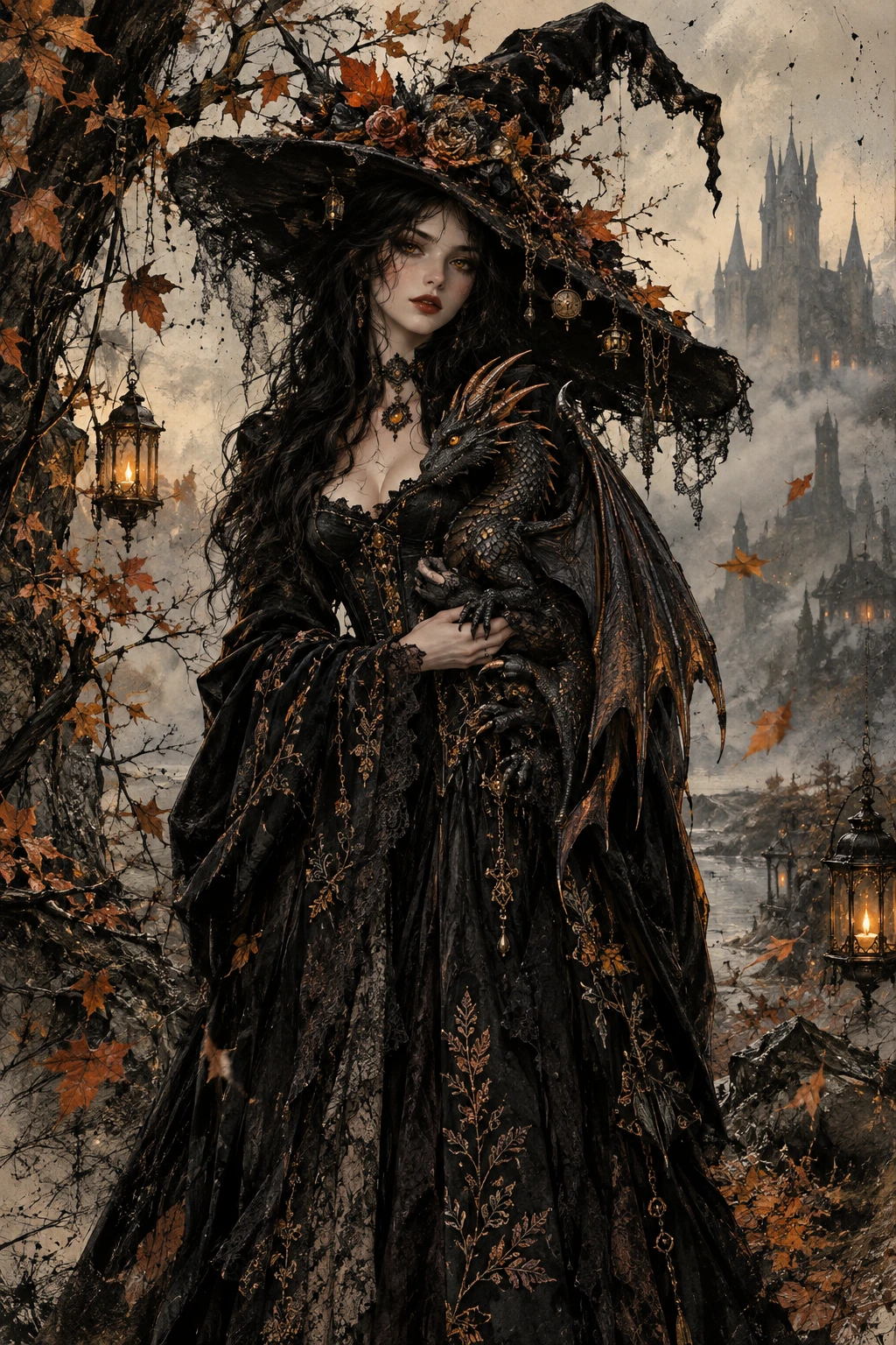 A gothic witch holds a small dragon in an autumn woodland