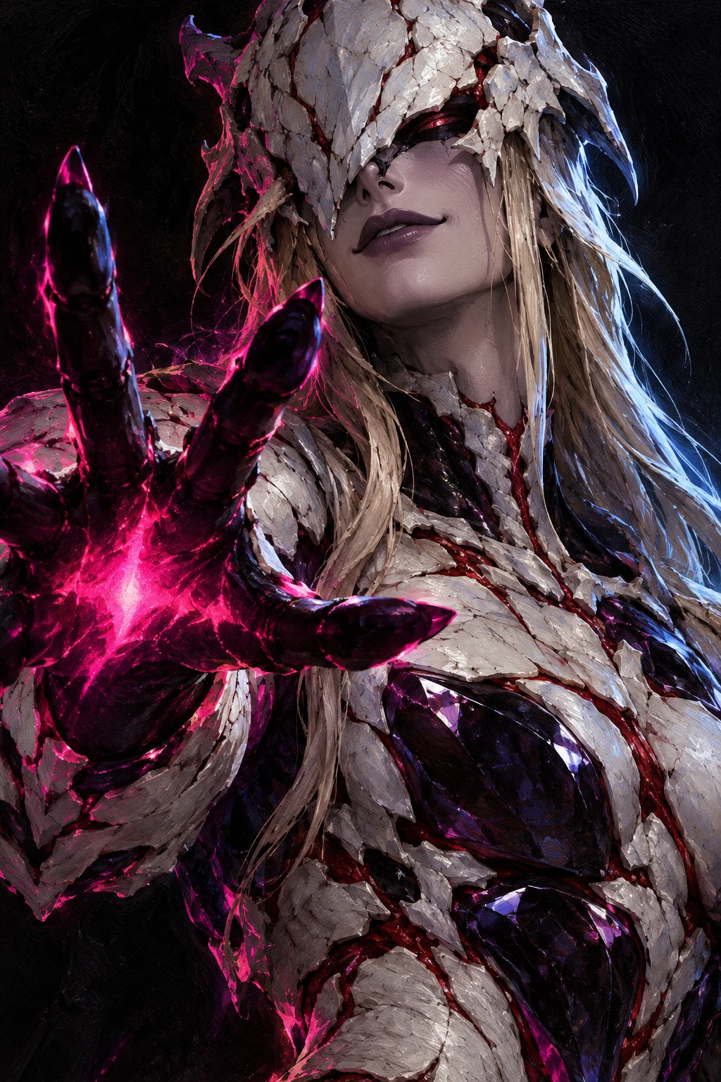 Androgynous warrior with cracked ivory armor and a glowing red eye