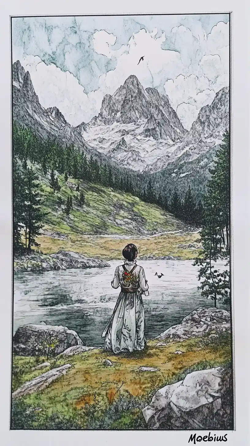 Illustration d’Helene Fischer dans les montagnes Rocheuses au crayon et à l’aquarelle