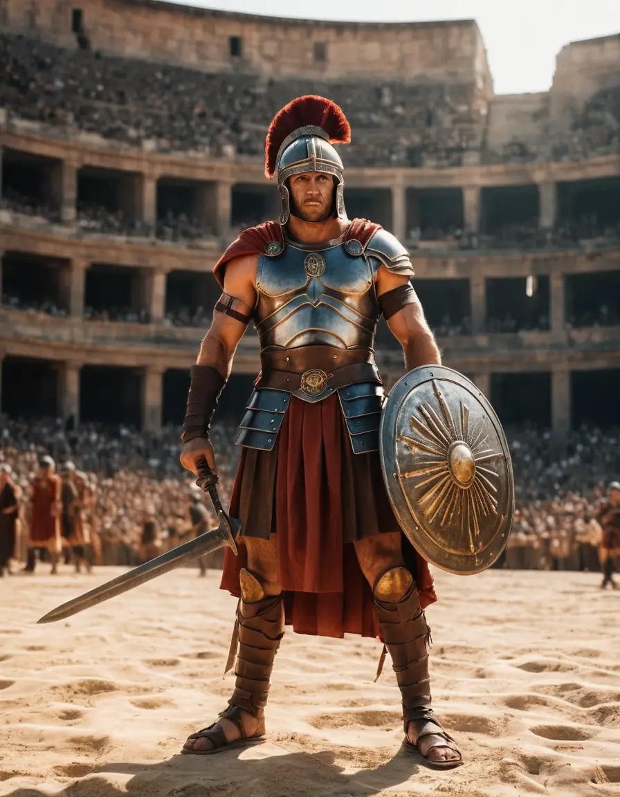 Un gladiador romano armado está en el centro de una antigua arena
