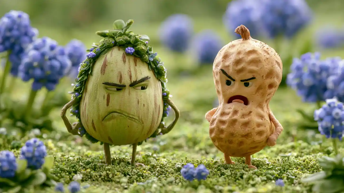 Angry pistachio and peanut faces in a green meadow with blue flowers