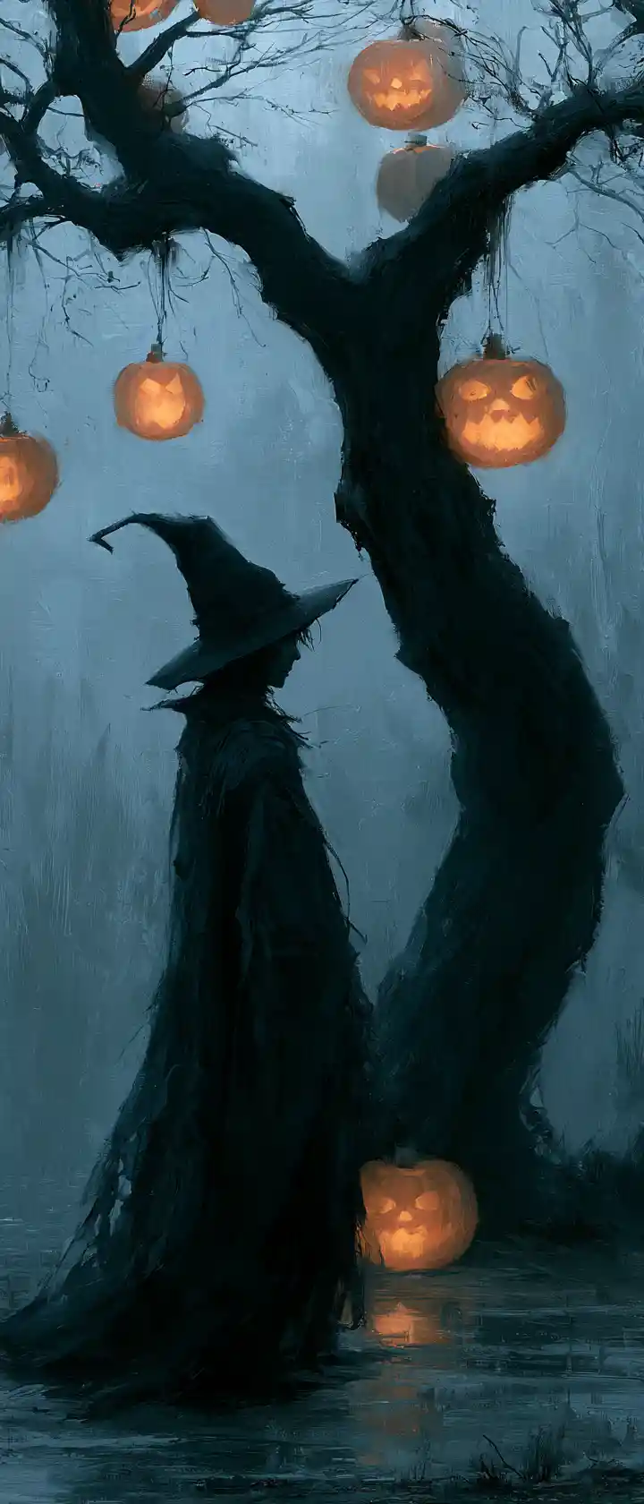 Una strega sotto un albero nodoso, accanto a zucche illuminate