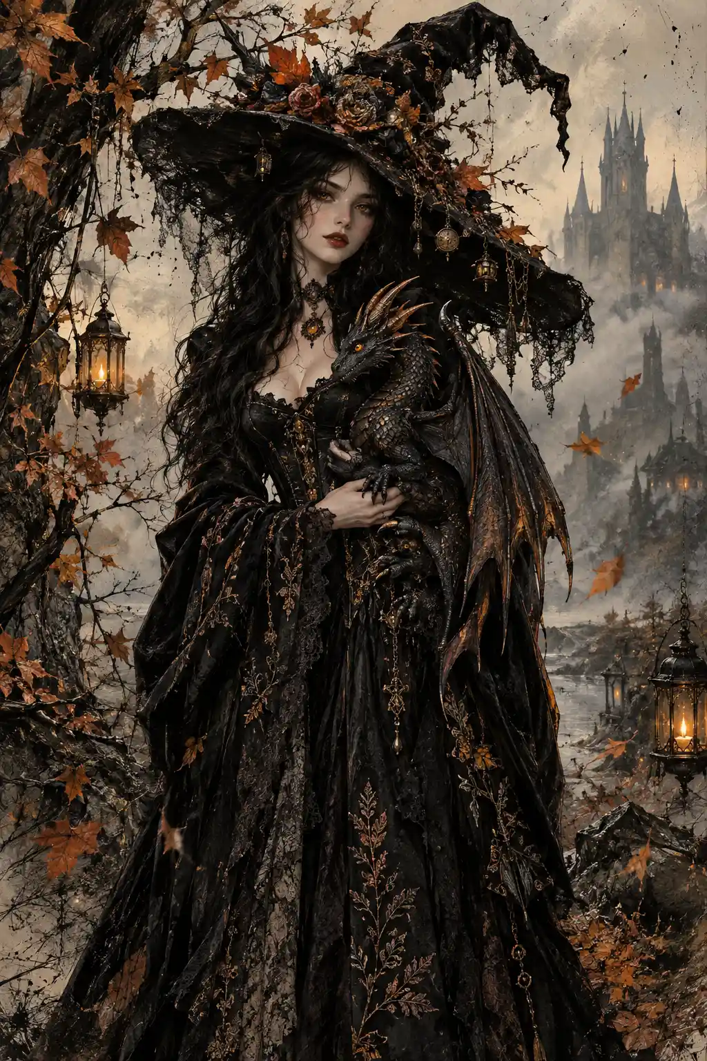 A gothic witch holds a small dragon in an autumn woodland
