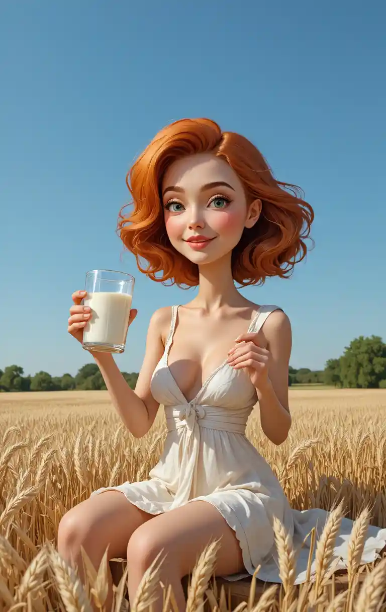 A red-haired woman holds a glass milk jar in a wheat field