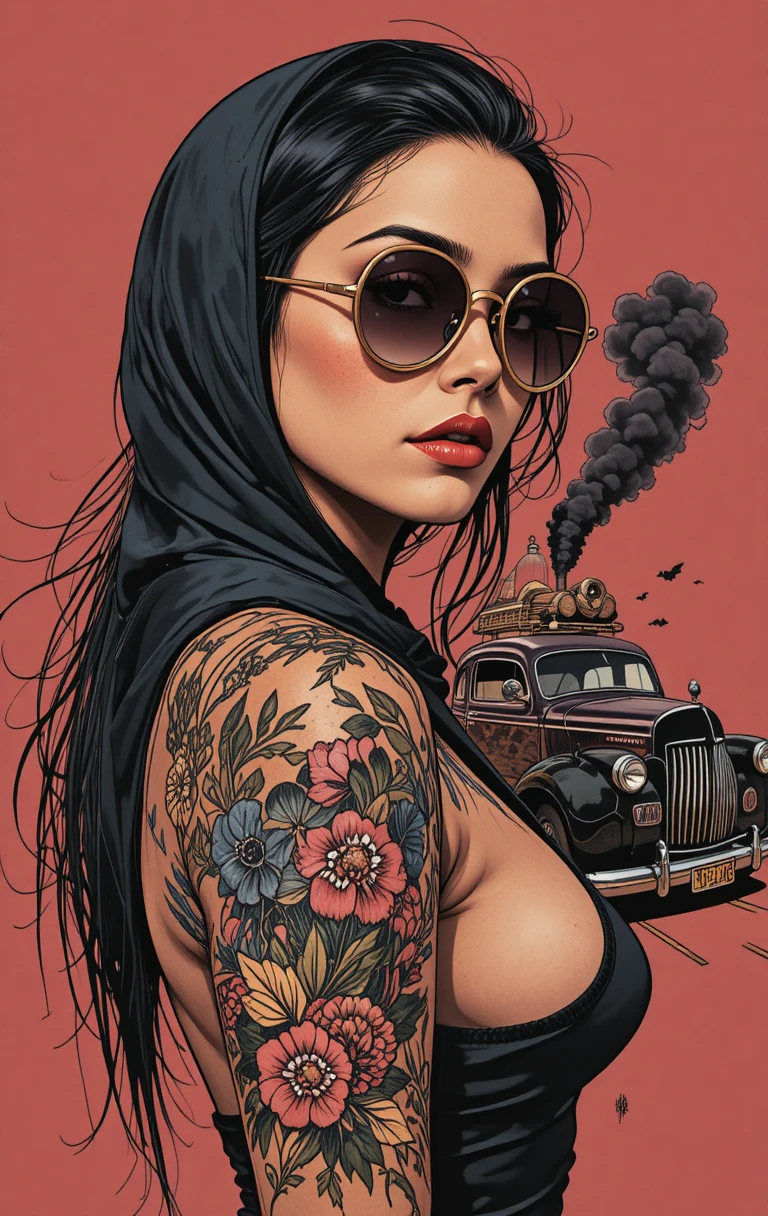 Retrato de una joven al estilo de un tatuaje, con gafas de sol redondas y una larga trenza