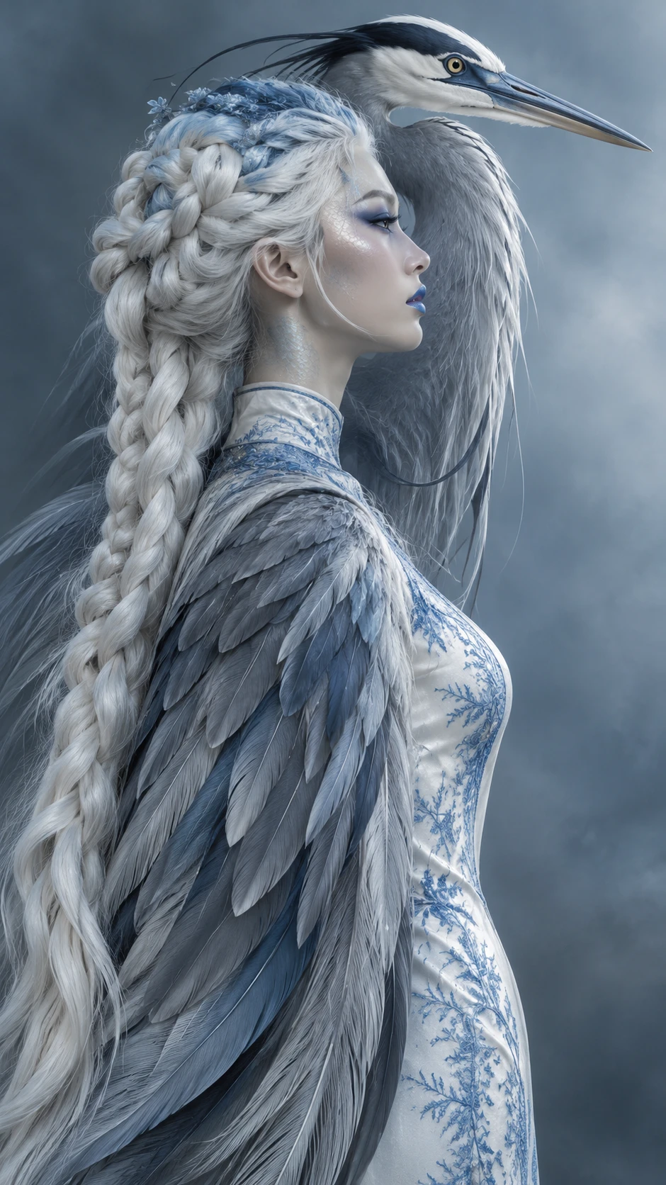 A Young Woman’s Braided White Hair Frames A Surreal Heron Silhouette
