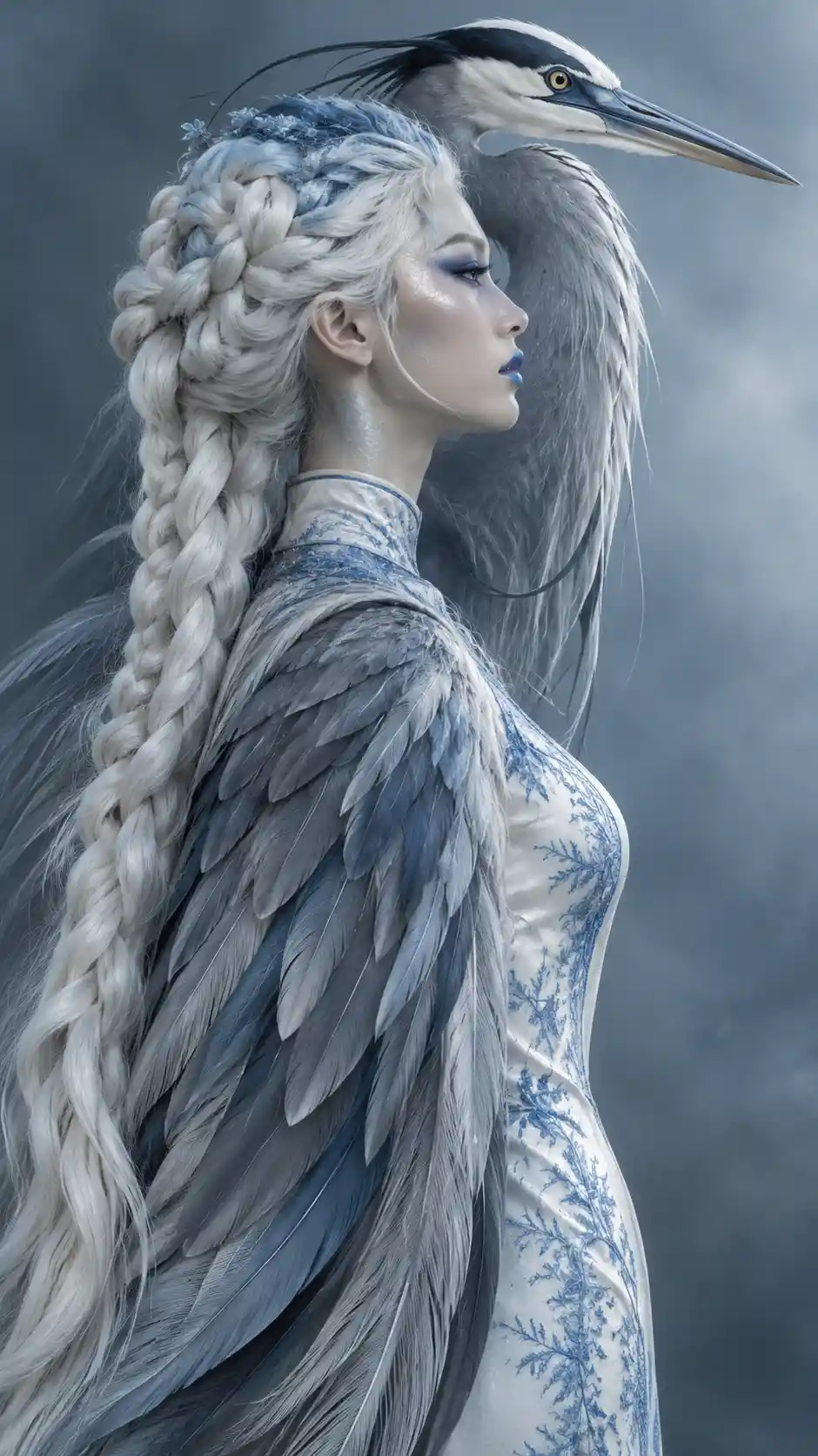 A Young Woman’s Braided White Hair Frames A Surreal Heron Silhouette