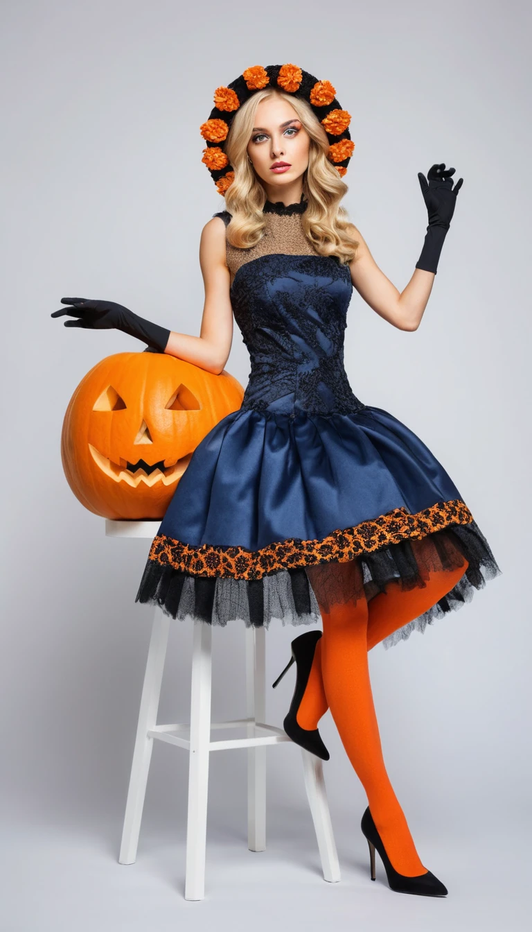 Una donna bionda è inginocchiata con un abito a ragnatela su uno sfondo di Halloween