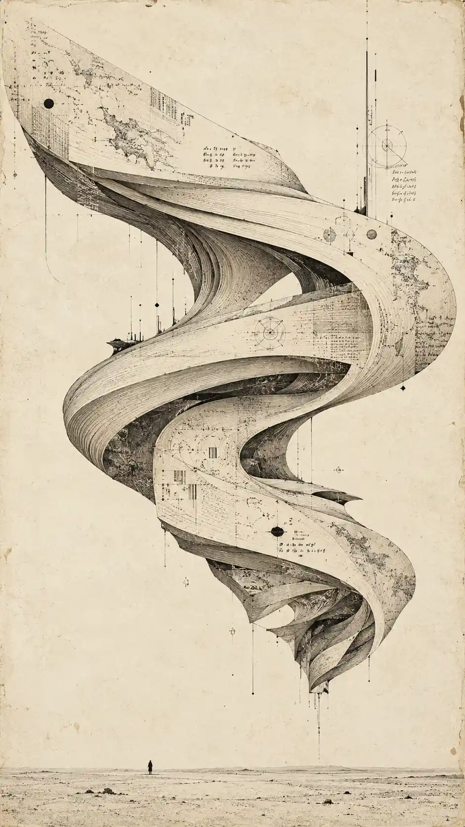 An Abstract Architectural Structure Suspended in a Nearly Empty Field