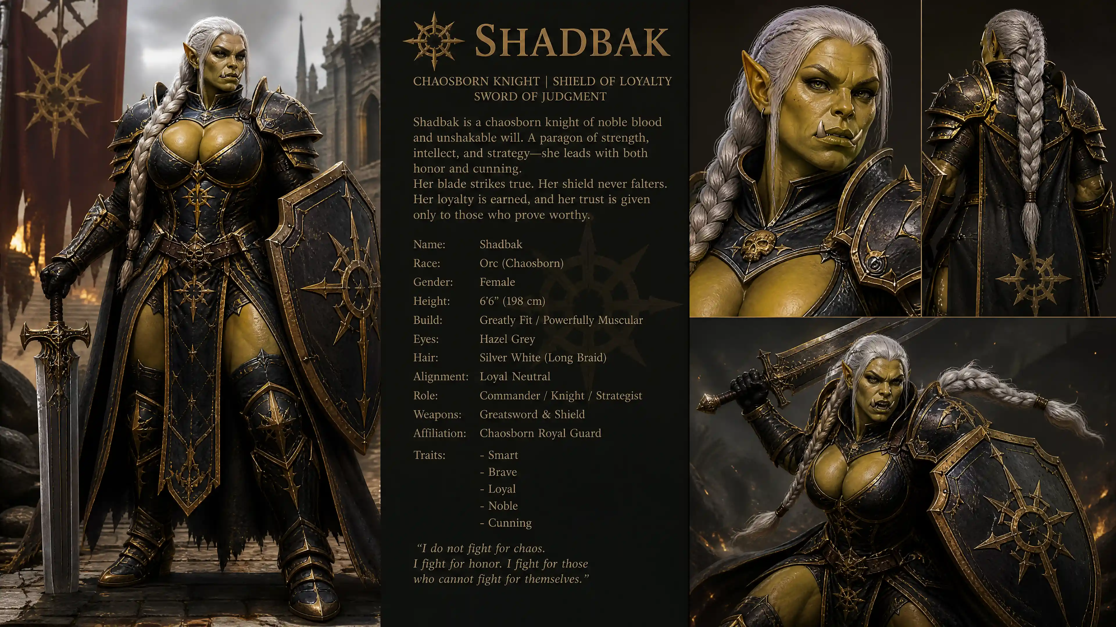 A yellow orc knight with silver braids and a greatsword