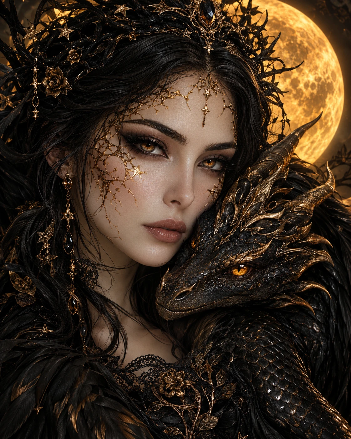 A Mysterious Gothic Woman Framed Against a Glowing Amber Moon