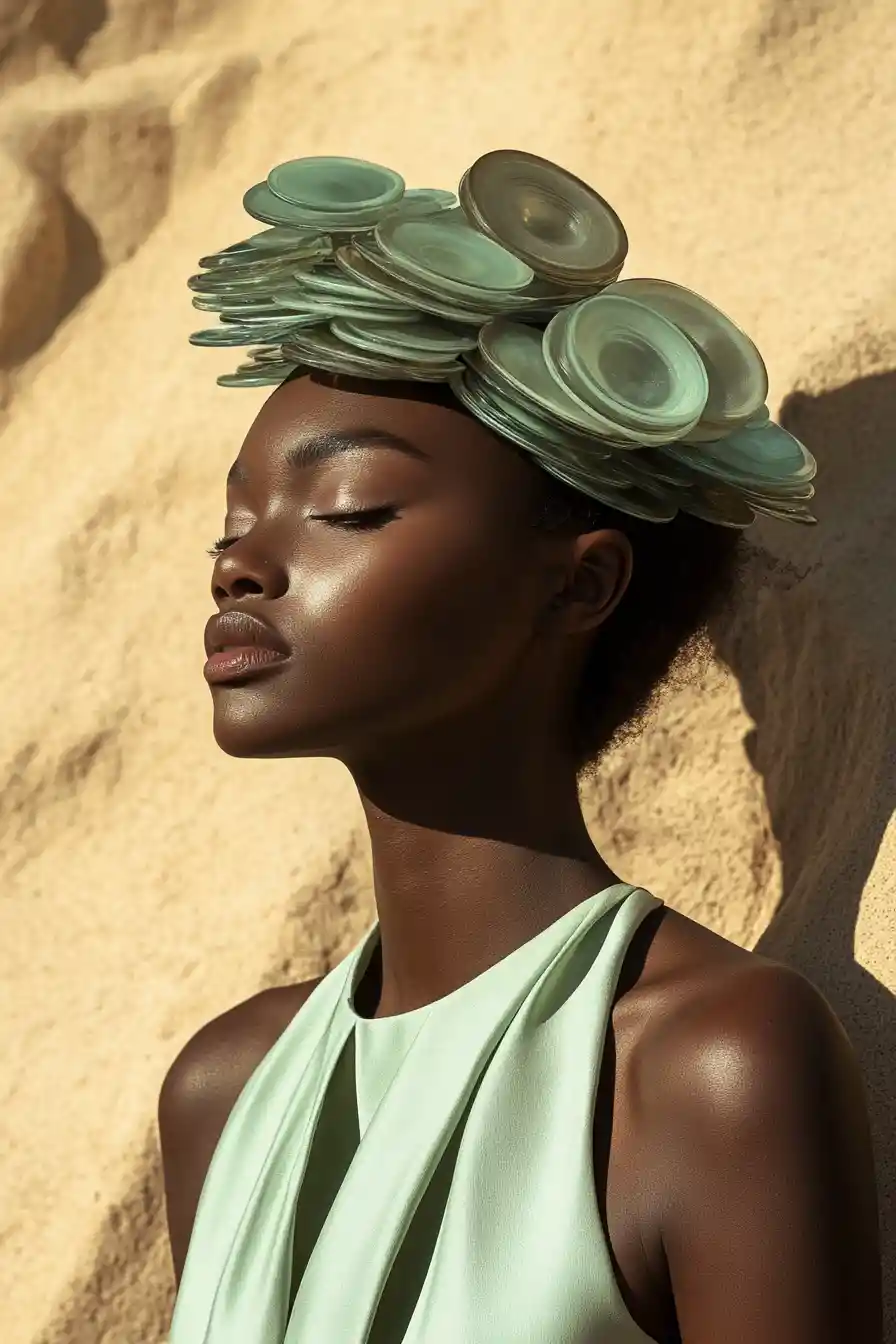 A fashion portrait with a crown of stacked sea glass discs