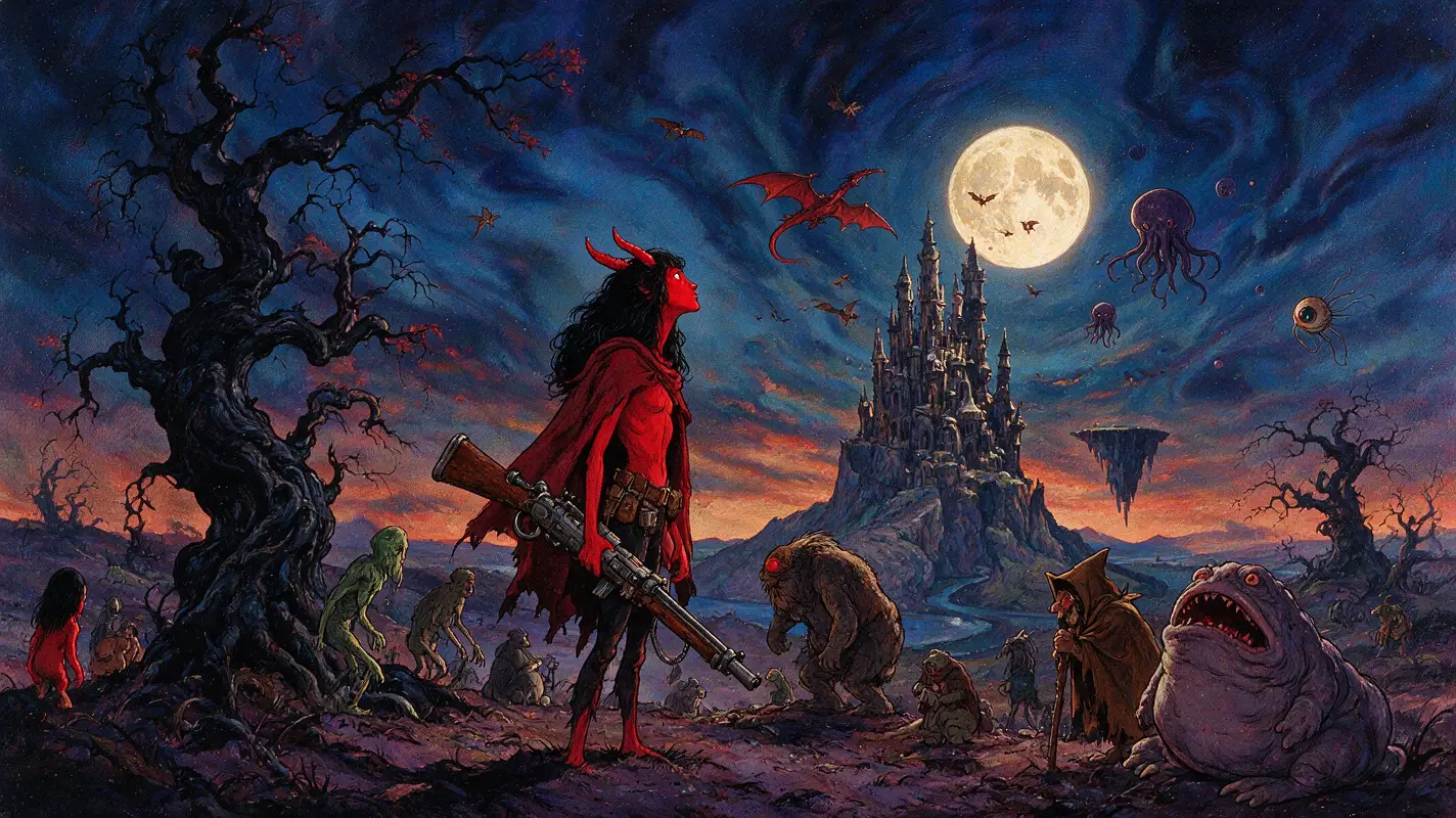 A Red Creature Holds a Retro-Futuristic Rifle Beneath a Strange Tree