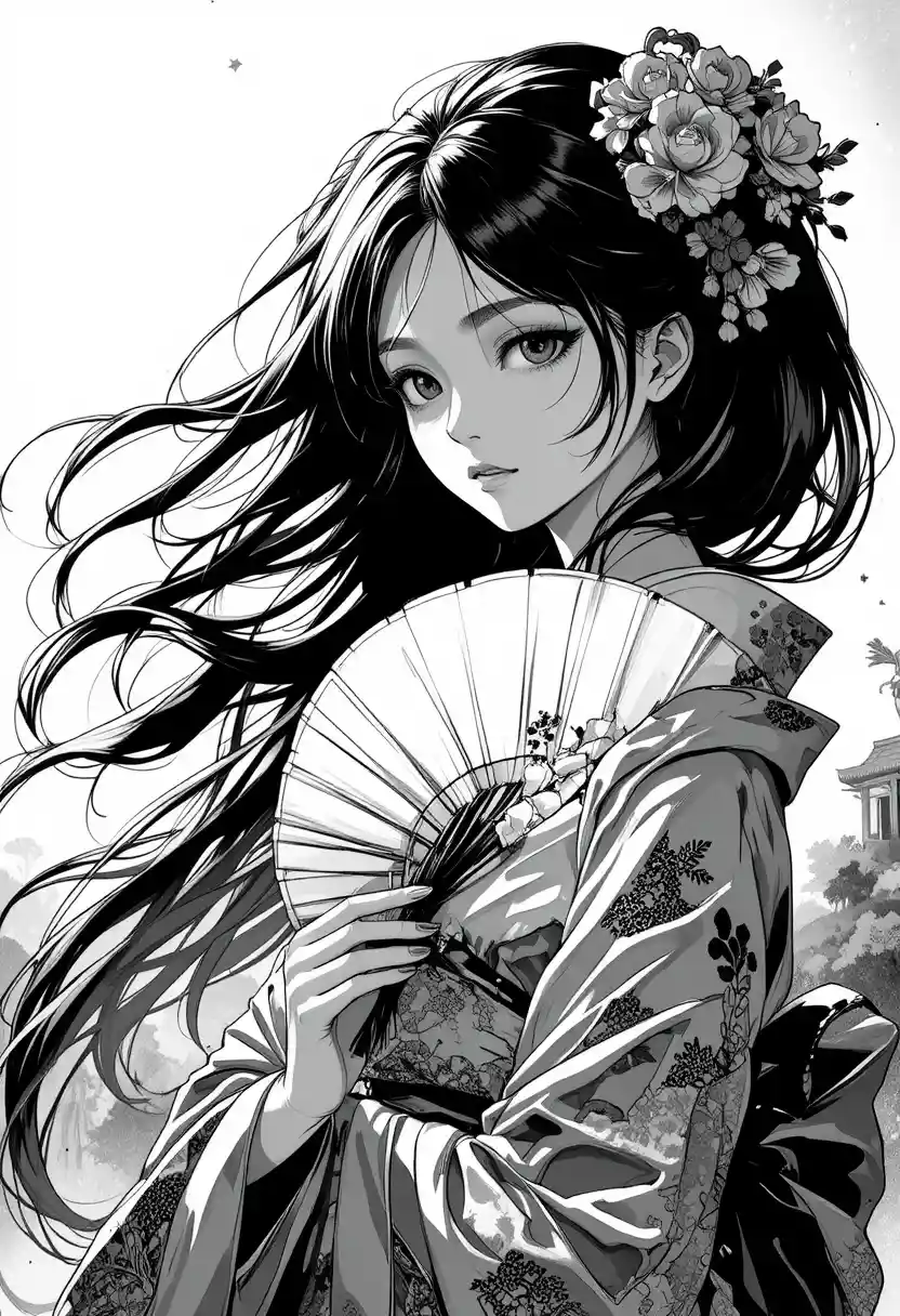 Una geisha de manga sostiene un abanico en un retrato dramático en escala de grises