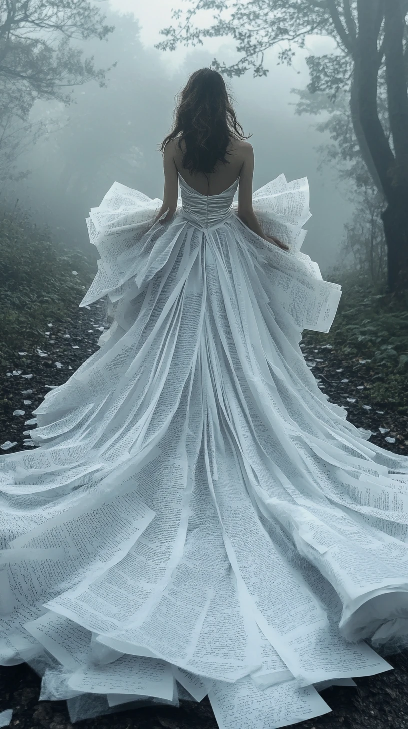 A young woman walks through a misty forest in a gown of letters
