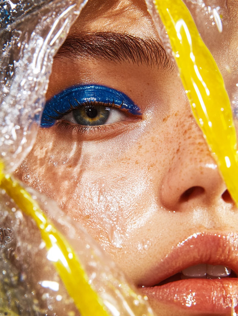 El rostro de una mujer enmarcado por plástico de burbujas transparente y líquido amarillo eléctrico
