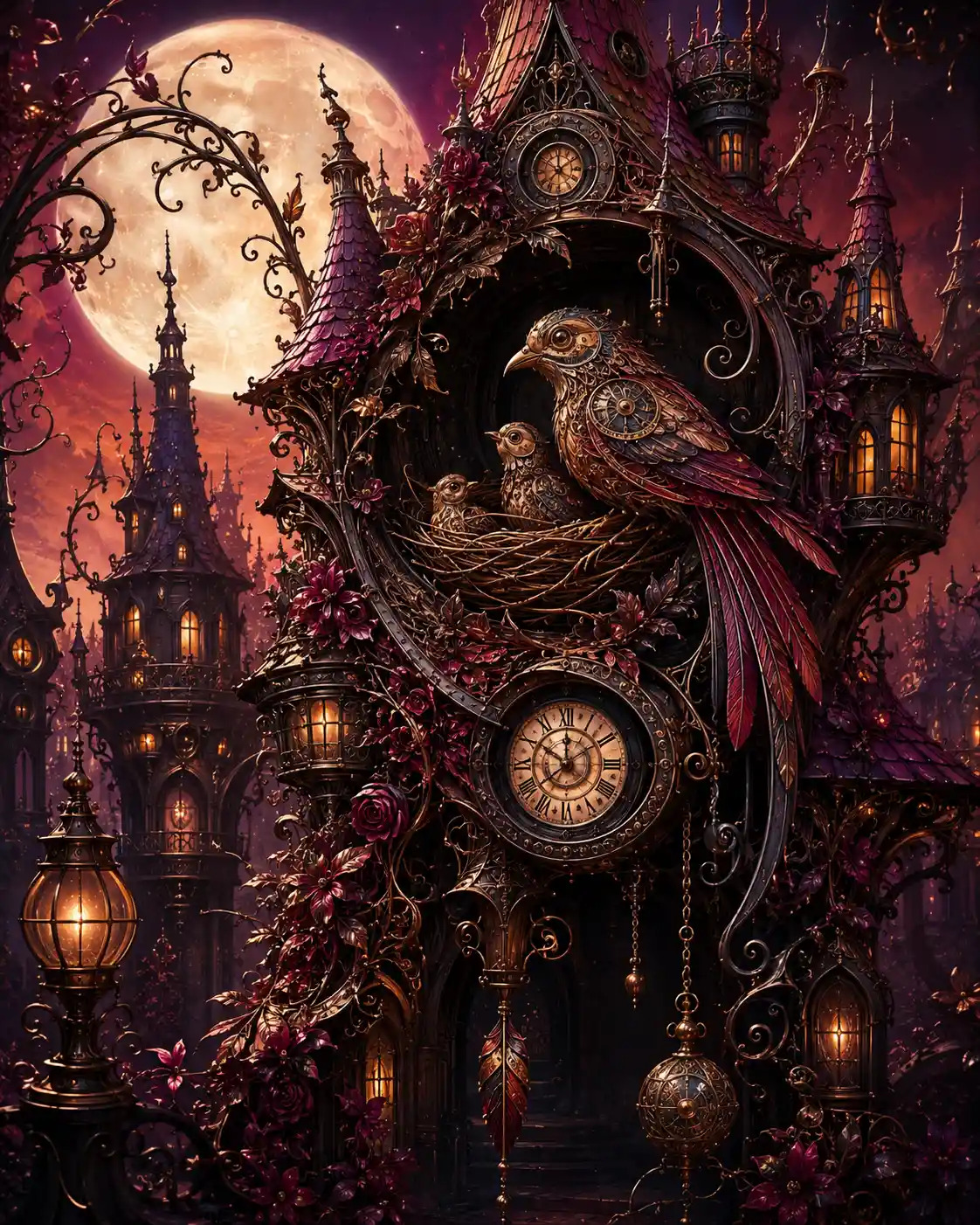 Mechanical clocks become birds nesting in twisted towers beneath a celestial moon