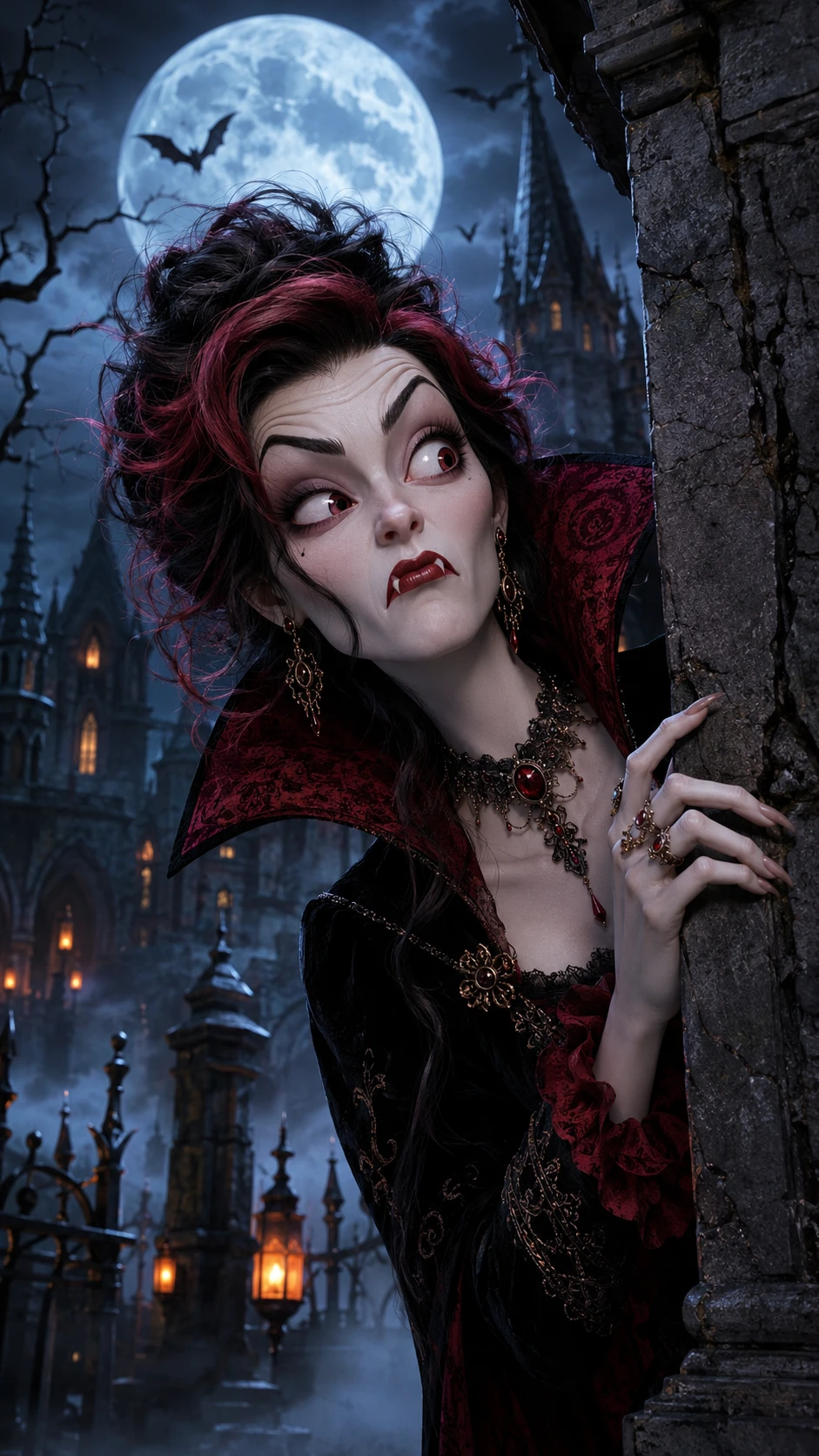 Eine aristokratische Vampirin im Gothic-Stil lugt um das verfallende Mausoleum eines Friedhofs