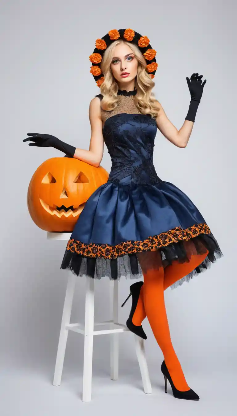 Una donna bionda è inginocchiata con un abito a ragnatela su uno sfondo di Halloween