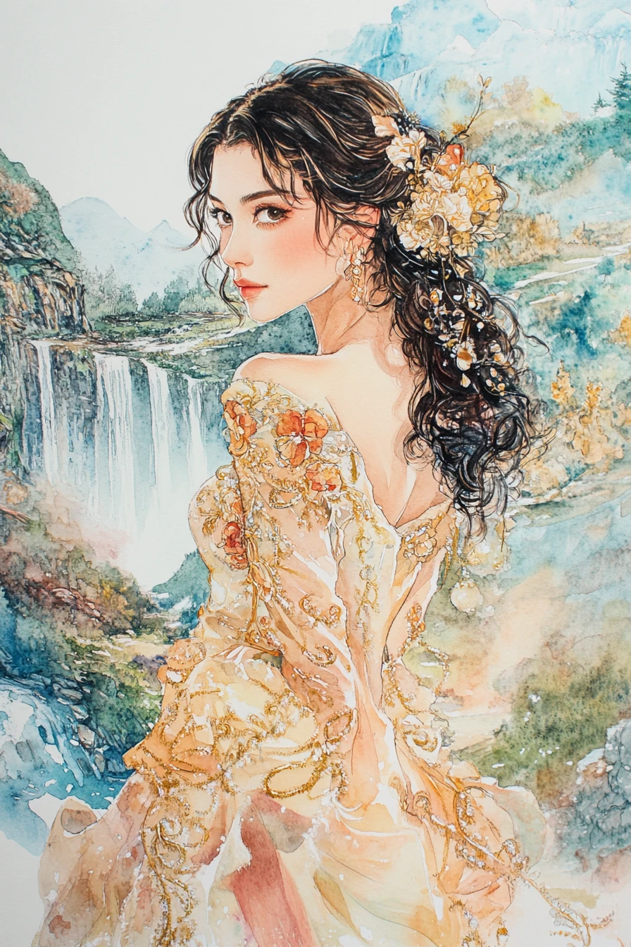 A watercolor woman in an embroidered gown faces a misty mountain waterfall