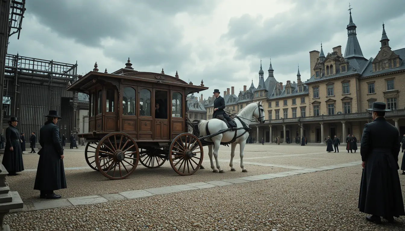 Un carruaje histórico tirado por caballos espera en un amplio patio