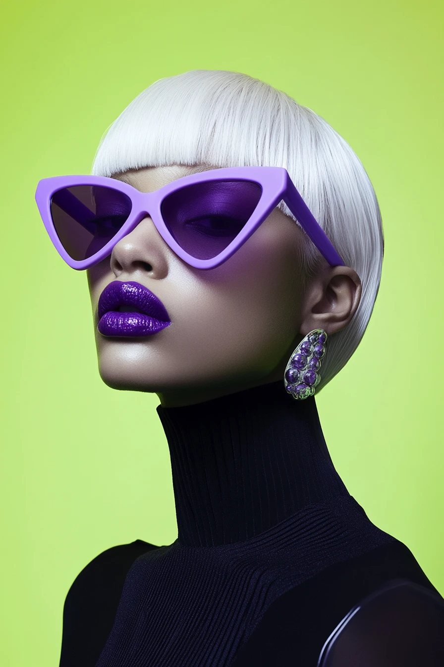 Modella con occhiali da sole viola dalle forme scultoree su sfondo verde lime