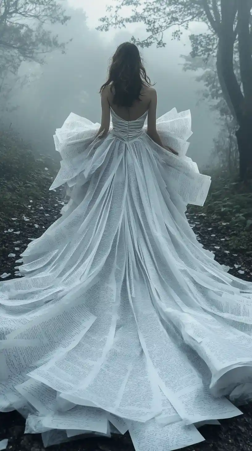 A young woman walks through a misty forest in a gown of letters