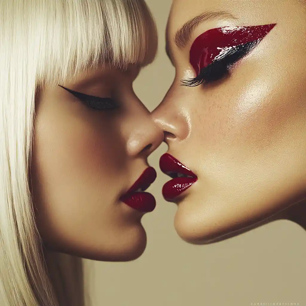 Two fashion models face each other in an editorial beauty portrait