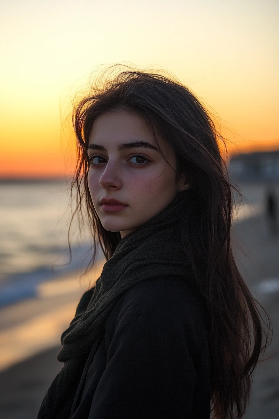 A young woman walks alone along a serene beach at sunset