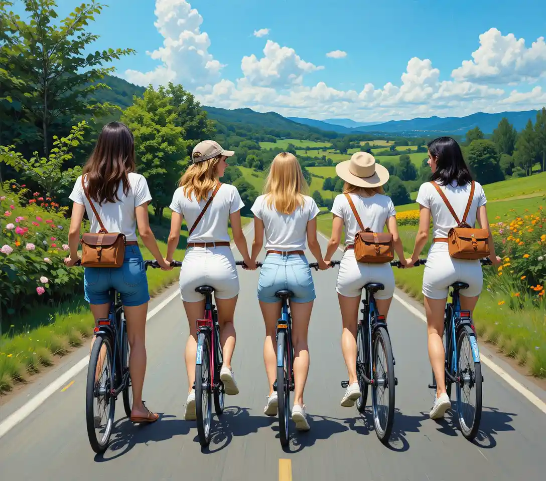 四位年輕女性在陽光明媚的道路上一起騎自行車