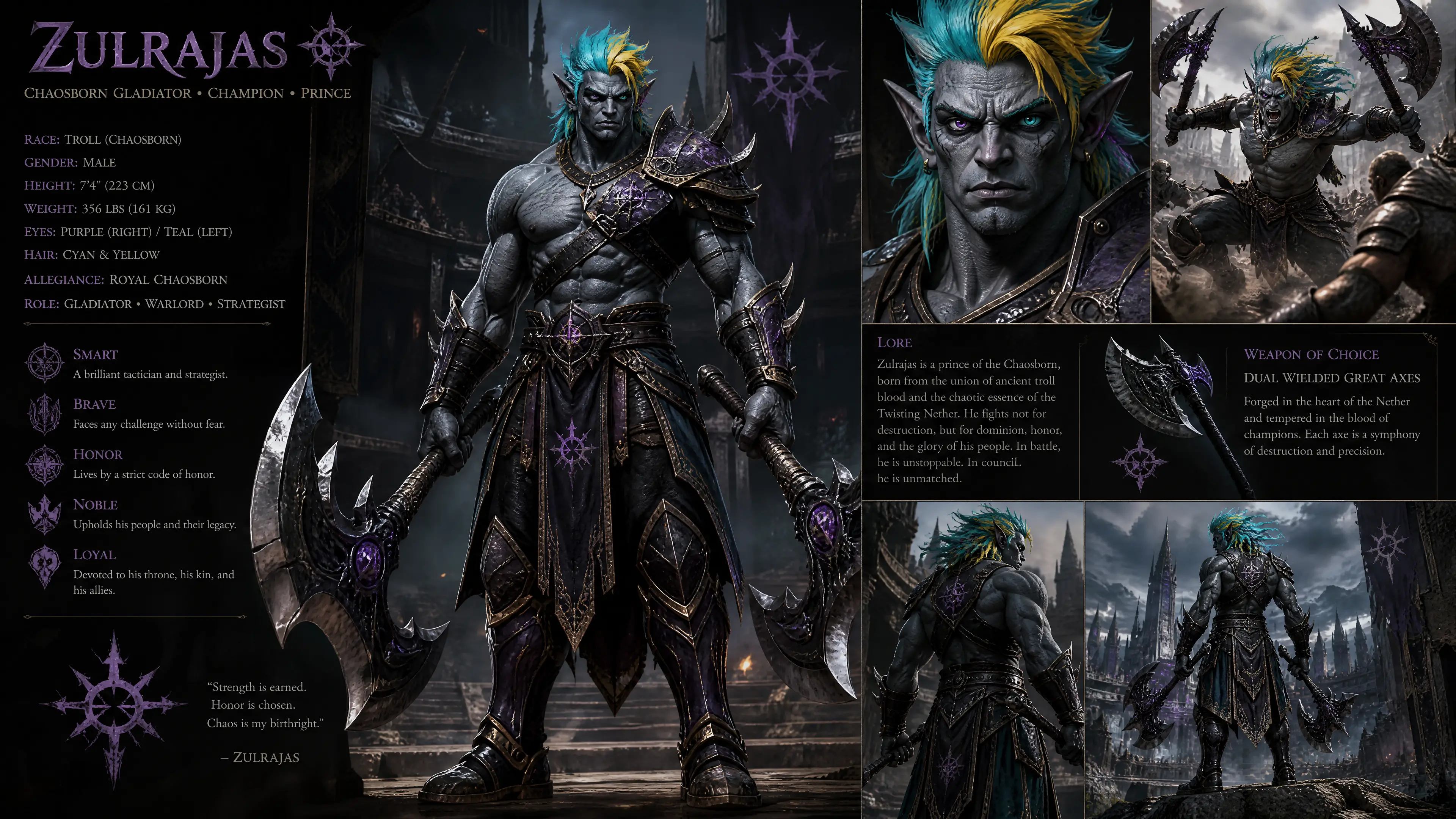 Grey troll gladiator wielding great axes in an emblem-marked royal uniform