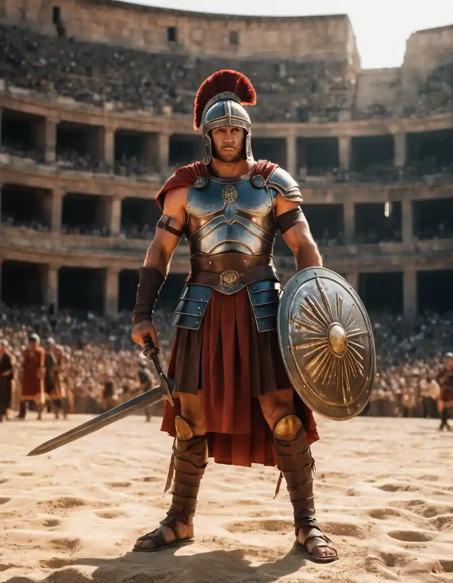 Un gladiador romano armado está en el centro de una antigua arena