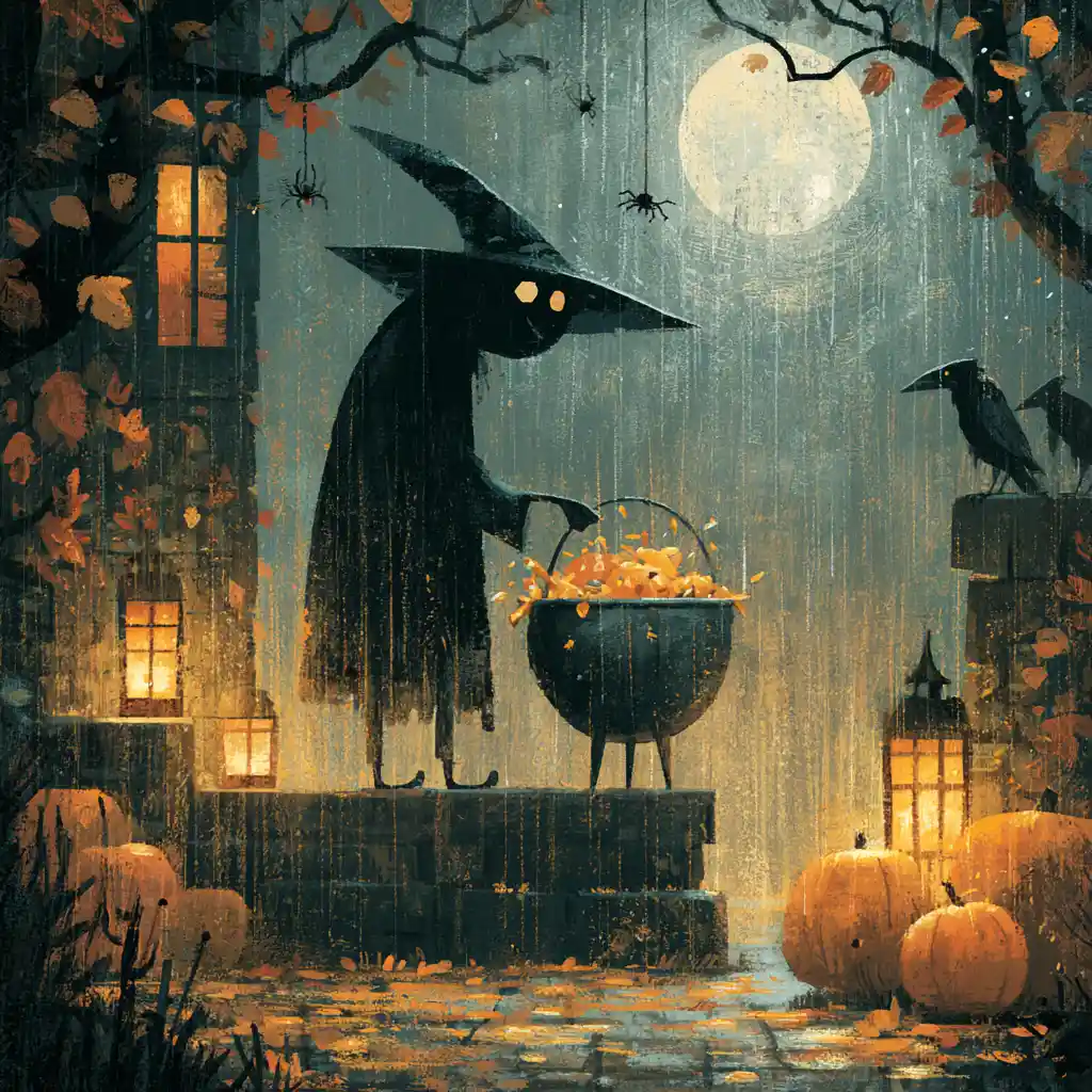 Una misteriosa figura de Halloween aparece con un caldero lleno de caramelos