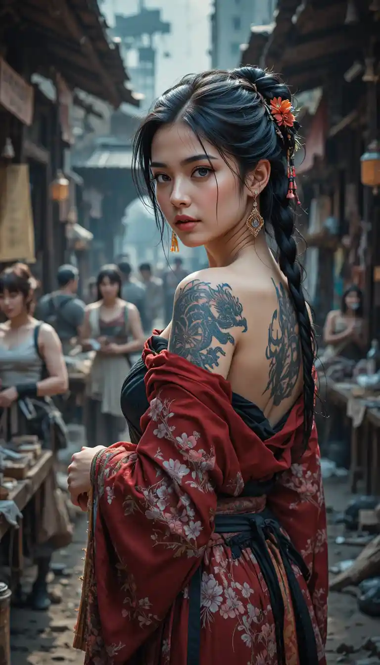 身穿和服、刺有龍形刺青並擁有藍色眼睛的年輕女子