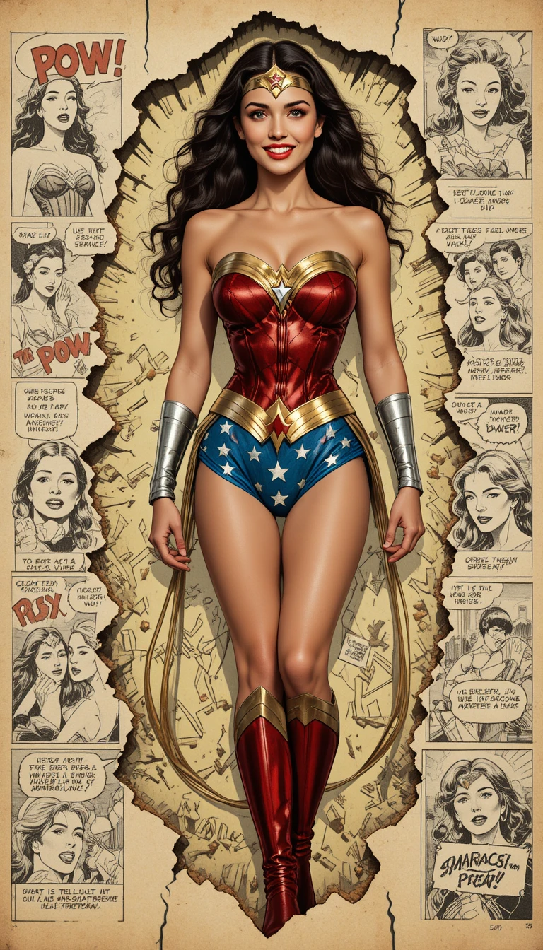 Wonder Woman stands confidently within a vintage comic book world