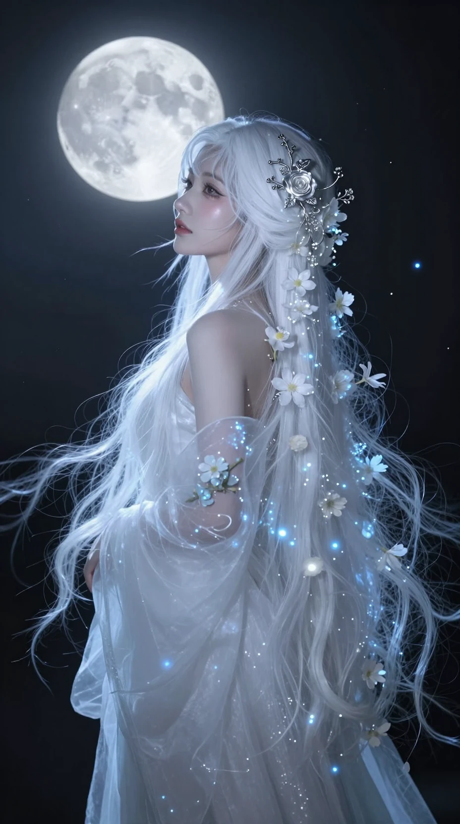 A Japanese woman beneath a full moon with floral hair
