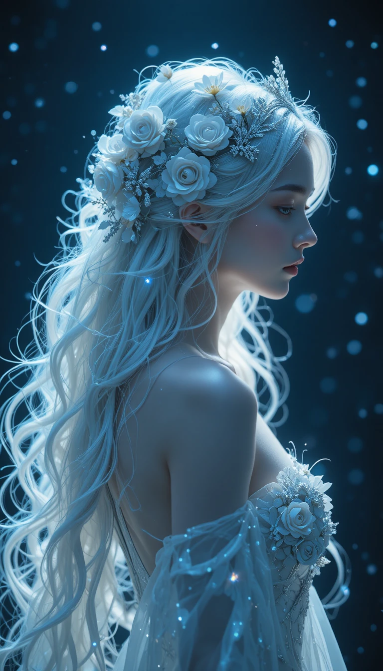 A woman in profile with flowers woven through her flowing white hair