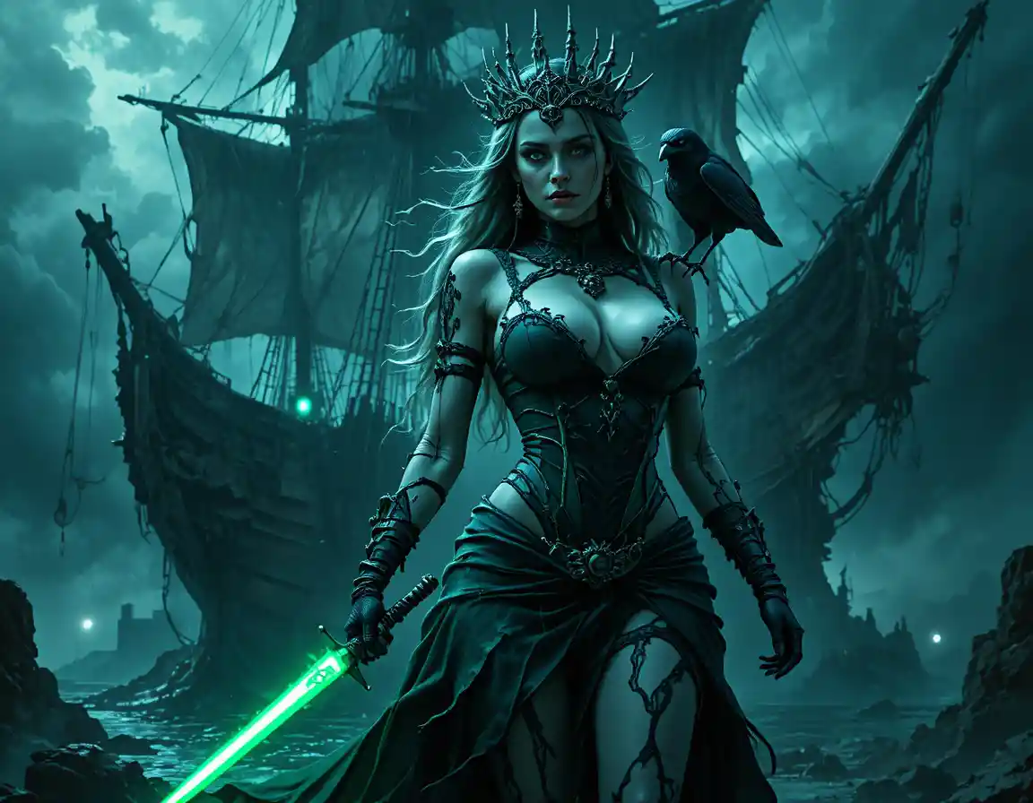 Undead pirate queen stands before a shadowy ghost ship