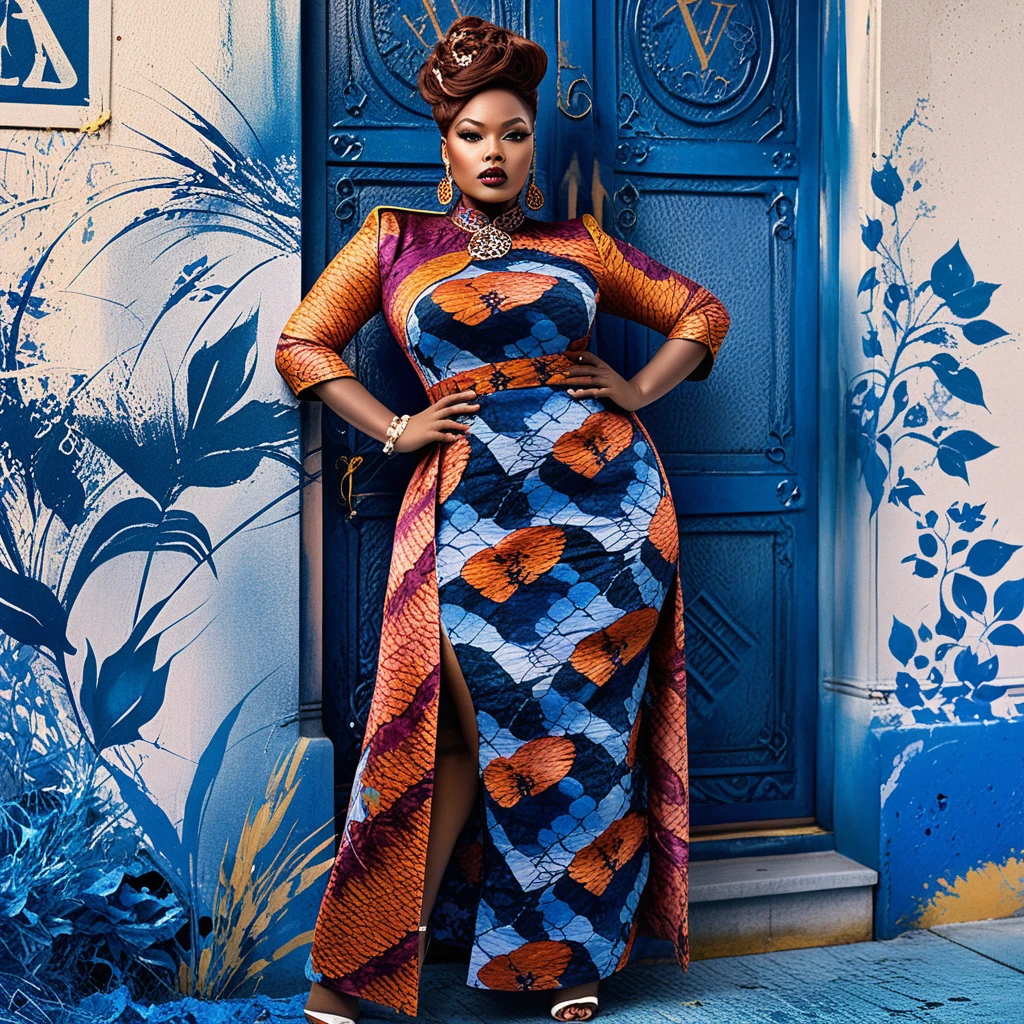 A plus size black woman models colorful punk inspired Ao Dai fashion