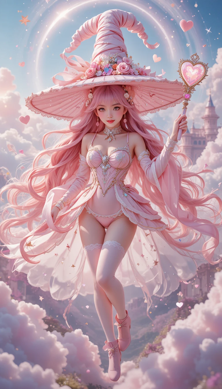 A pink-haired magical girl wears an oversized witch hat and ribbon