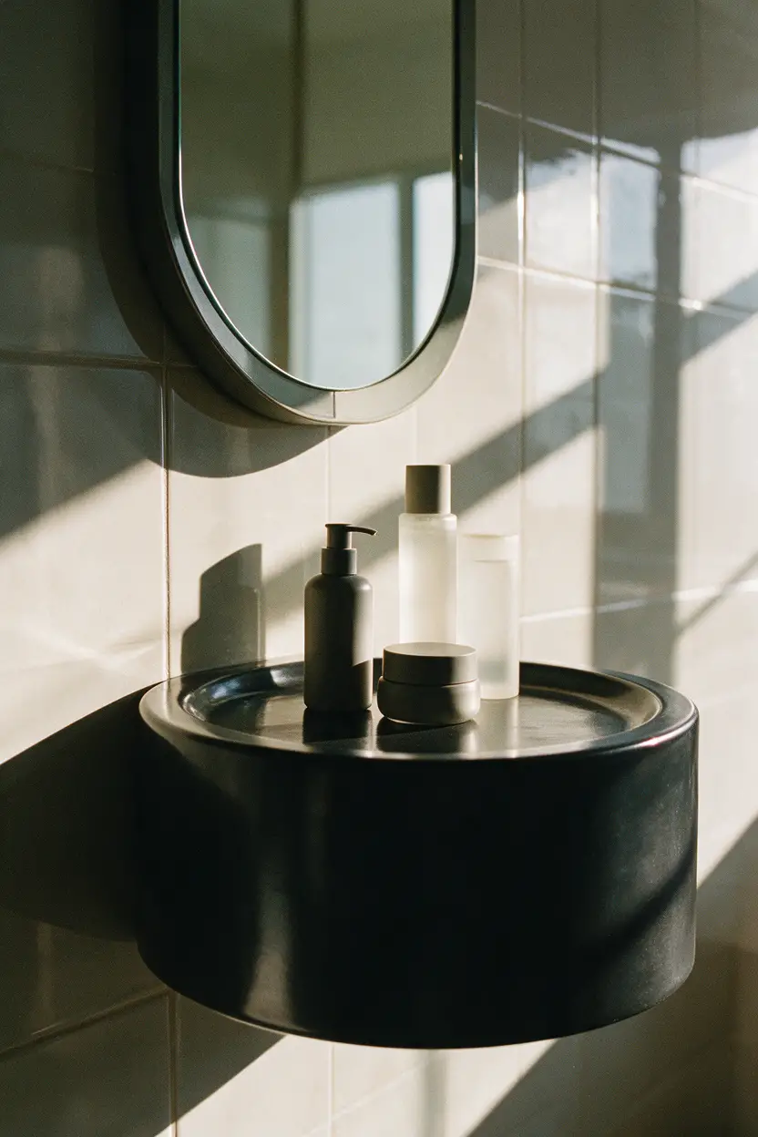 Lavabo escultórico negro y productos para el cuidado de la piel en un baño minimalista