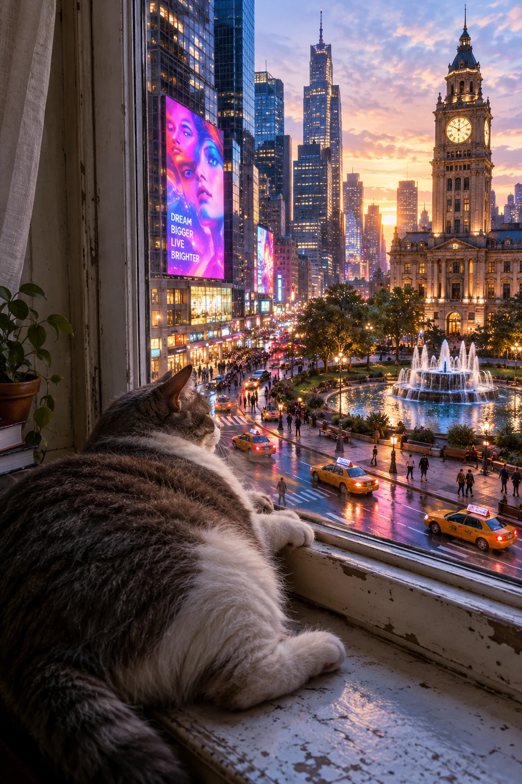 一隻悠閒的貓從斑駁的窗台眺望城市